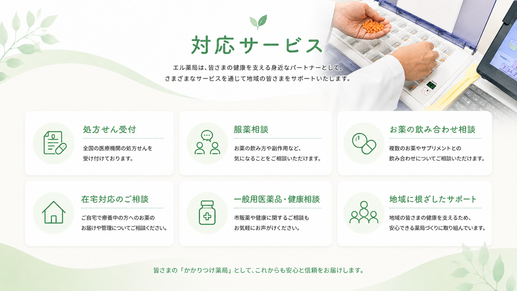 対応サービス。処方せん受付、服薬相談、お薬の飲み合わせ相談、在宅対応のご相談、一般用医薬品・健康相談、地域に根ざしたサポート。